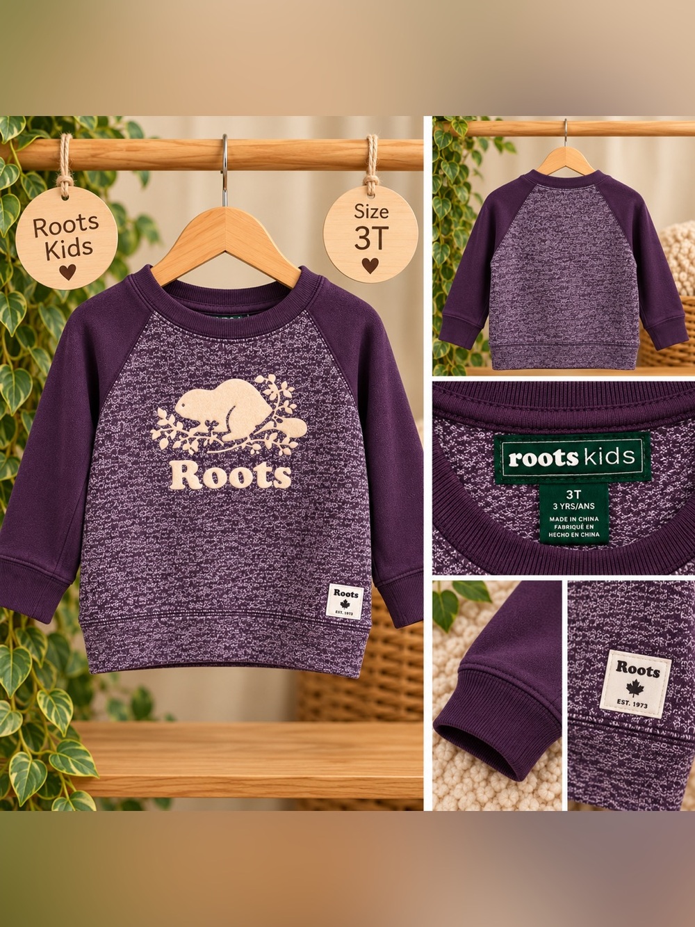 💜 Roots Kids Purple Beaver Logo Crewneck Sweatshirt – Size 3T 🍁